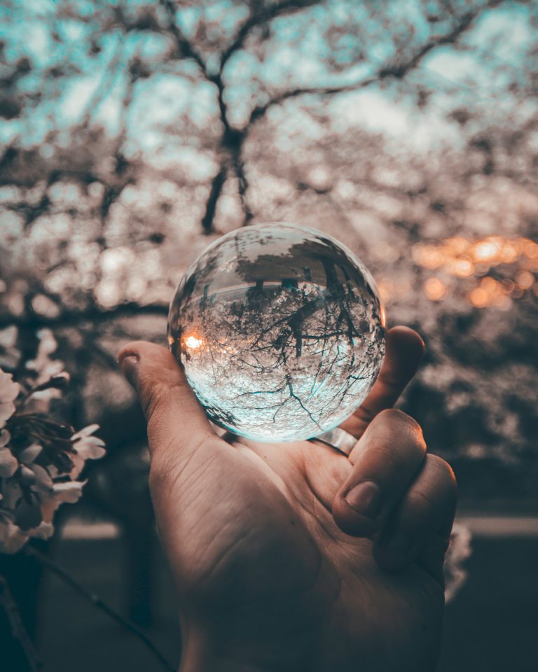 a glass orb shows an upside down reflection of spring trees in blossom
