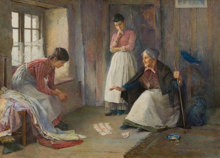 A watercolour drawing of three women in a room. The fortune-teller is engaged with the young lady sitting in the window while another looks on thoughtfully.
