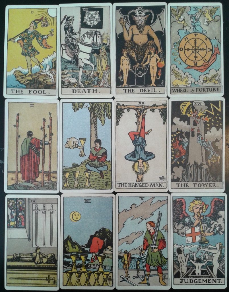 Cards from The Smith-Waite Centennial Tarot Deck, created by Arthur Edward Waite and Pamela Colman Smith. Published by U.S. Games Systems.