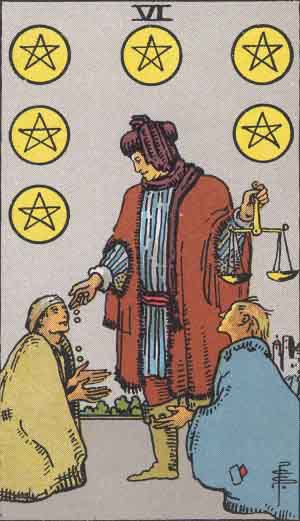 The Six of Pentacles, "Material Success," suggests give and take