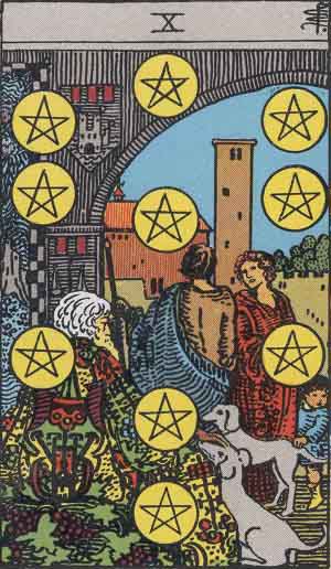 The Ten of Pentacles, "Wealth," is the best representative of money in the cards.