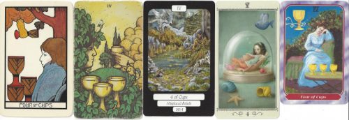 The Four of Cups from, left to right, Aquarian Tarot, Morgan Greer Tarot, MerryDay Tarot, Nicoletta Ceccoli Tarot, Spiral Tarot. The Four of Cups: Moon in Cancer astrological symbolism might illustrate the changeability represented by the four phases of the moon. The cup handed down from above could represent the current lunar phase, while the three cups on the ground could indicate the cycle that the proffered energy must subsequently undergo.