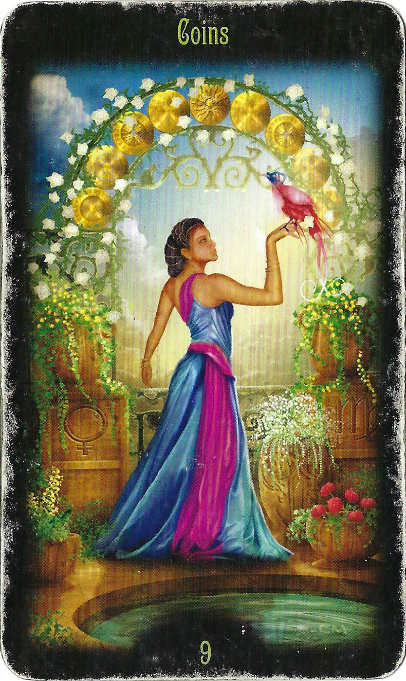 Good and bad in tarot: A beautiful woman is safe and comfortable in a walled garden in the Nine of Coins, an example of a "good card." 