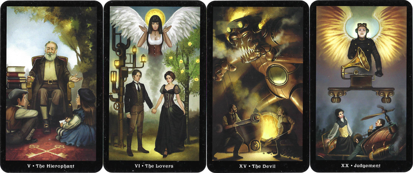The Steampunk tarot replaces religious symbolism with the historical fantasy elements of steampunk.