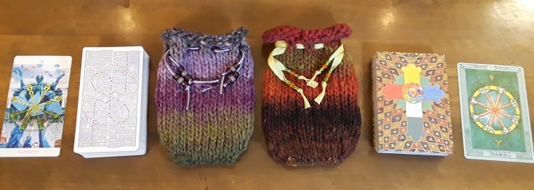 two bags from the Four of Wands Tarot Bag Knitting Pattern