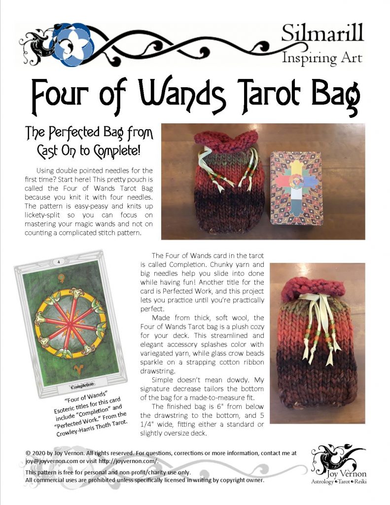 Click the image to download a pdf of the Four of Wands Tarot Bag Knitting Pattern