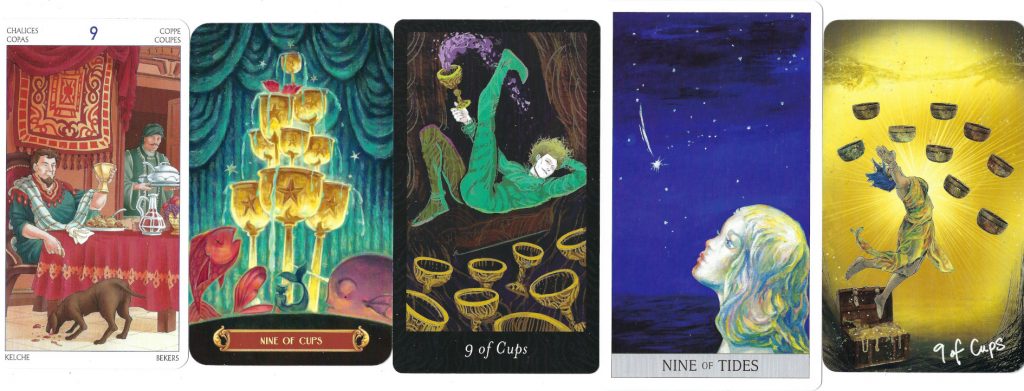 Enjoyment, satiety, and contentment are indicated by the Nine of Cups: Jupiter in Pisces. 