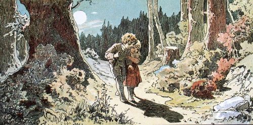 The two children, Hansel and Gretel, hold each other as they walk barefoot through the woods under a full moon.