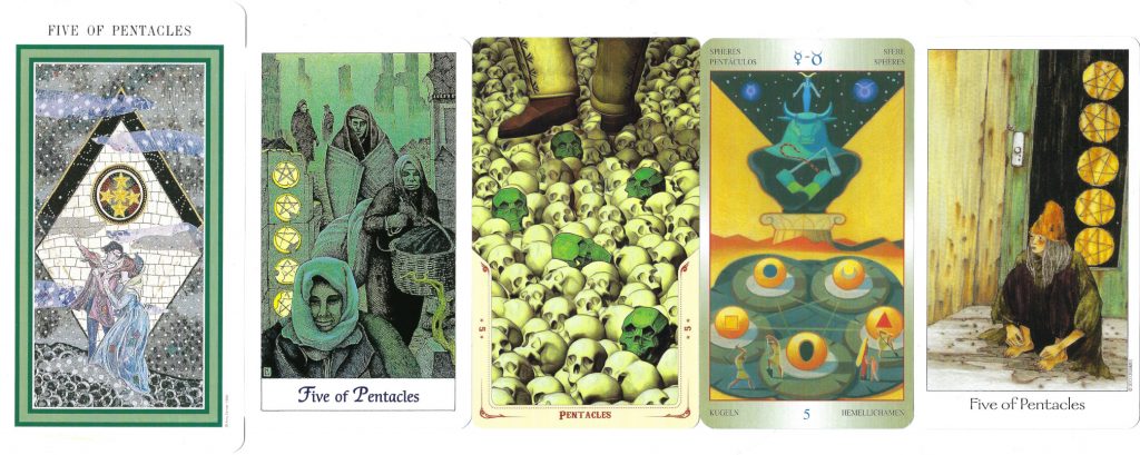FIve of Pentacles: Mercury in Taurus. The Five of Pentacles card from various decks. The card images sometimes support and sometimes contrast with the astrology.
