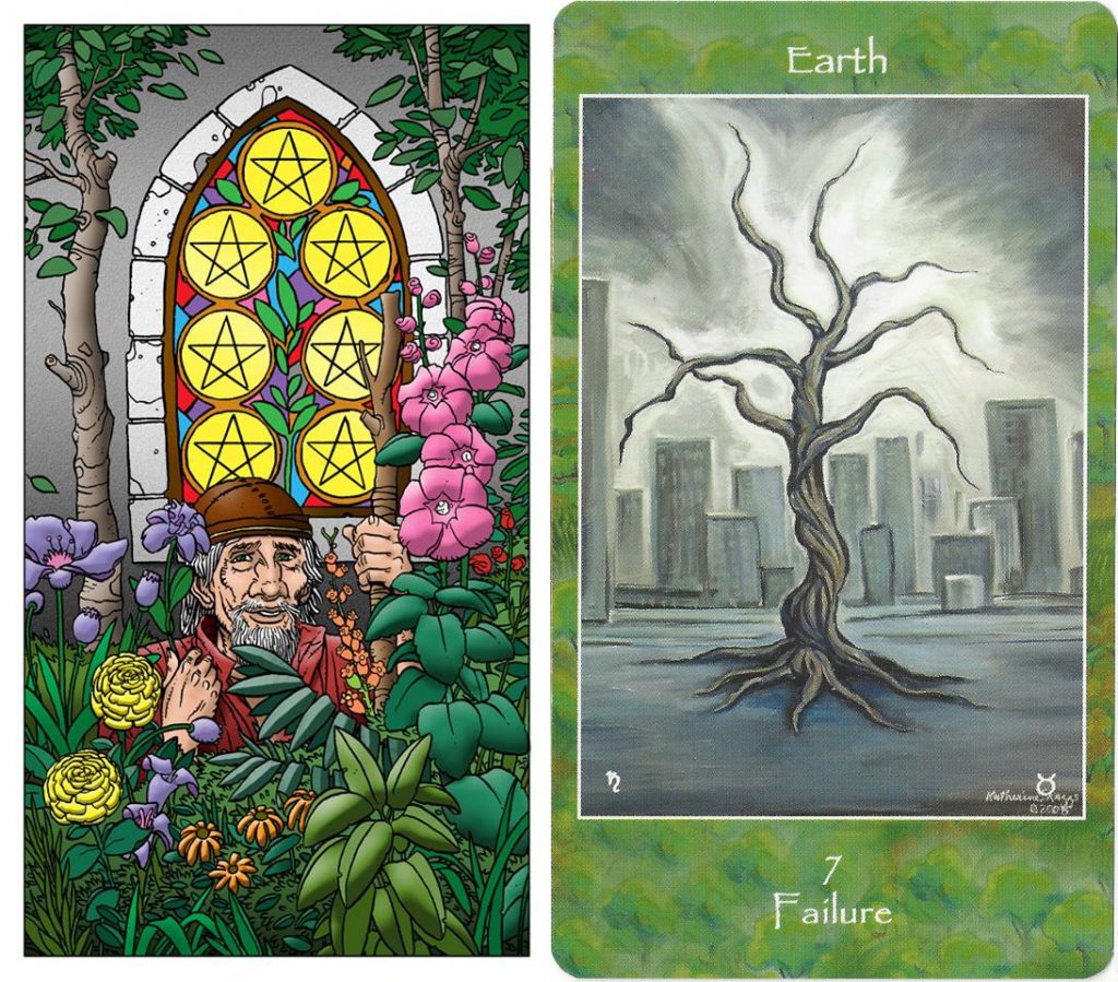 The Seven of Pentacles: Saturn in Taurus is called alternately "Lord of Success Unfulfilled" or "Failure." Accordingly, images range from lush, overrun gardens to barren, concrete cityscapes.