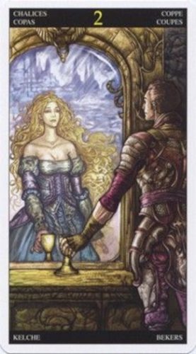 A knight in armor highlighted in reddish purple, no helmet, with hair pulled back, looks into the mirror seeing the long-haired beauty in the blue gown, shoulders bare and hair loose. They each reach down to touch the chalice on the table in front of them.